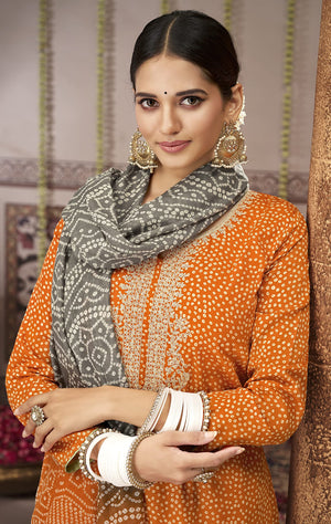DRAVINAM Trends Unstitched Bandhani Printed Pure Jam Cotton Suit Material with Embroidery and Pure Maslin Dupatta