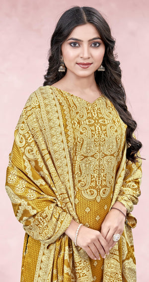 DRAVINAM Trends Heavy Spun Kani Kashmiri Printed Unstitched Salwar Suit for Women with Siroski Work and Pashmina Shawl Dupatta