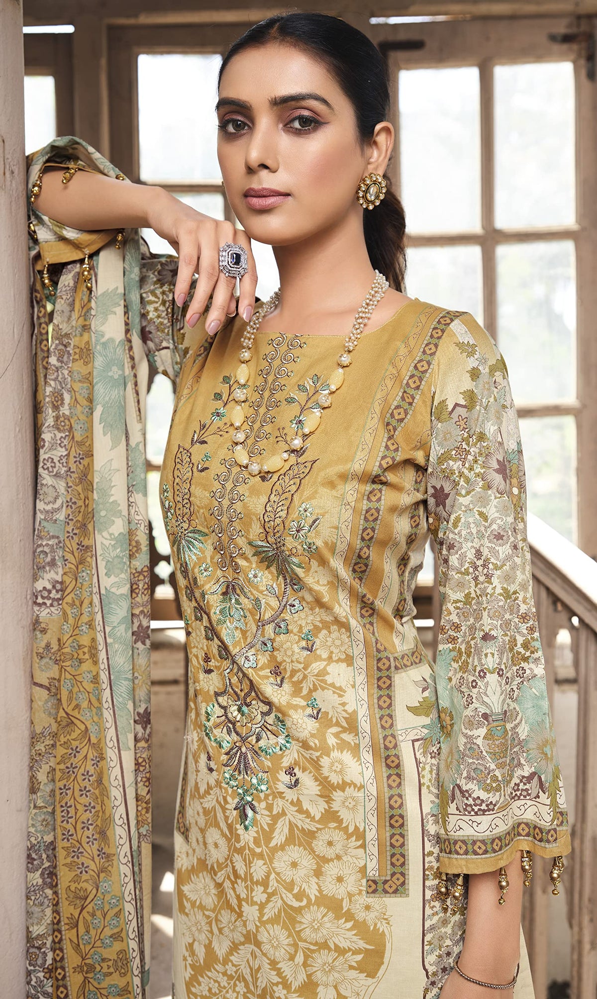 DRAVINAM Trends Women Unstitched Pakistani Print Embroidered Cotton Salwar Suit Dress Materials with Dupatta, Free Size