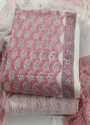 DRAVINAM Trends Hand Block Print Cambric Cotton Unstitched Salwar Suit Set for Women with Pure Chiffon Hand Printed Dupatta