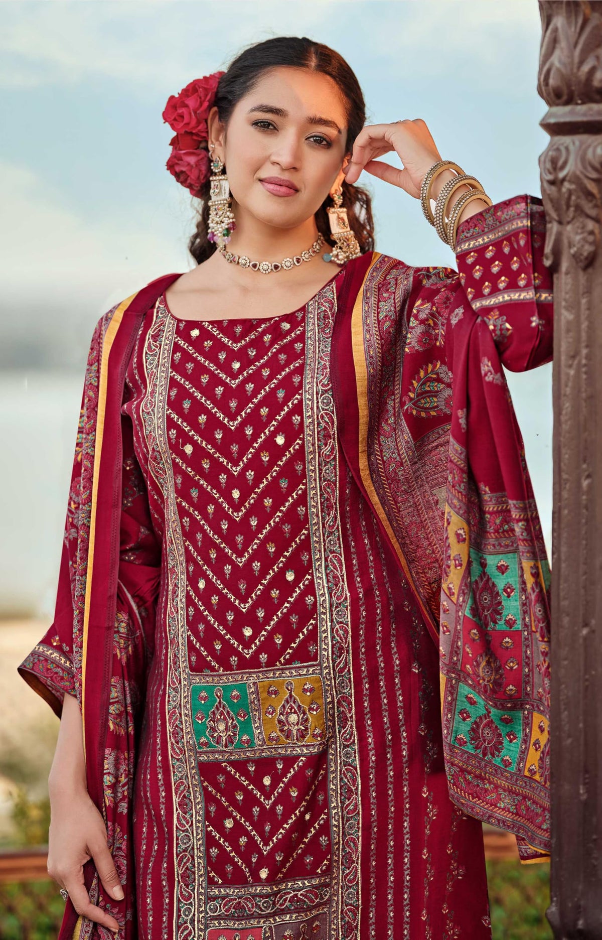 DRAVINAM Trends Women's Unstitched Viscose Maslin Digital and Foil printed Pakistani Embroidered Suit Dress Material with Unstitched Maslin Bottoms and Pure Maslin Dupatta
