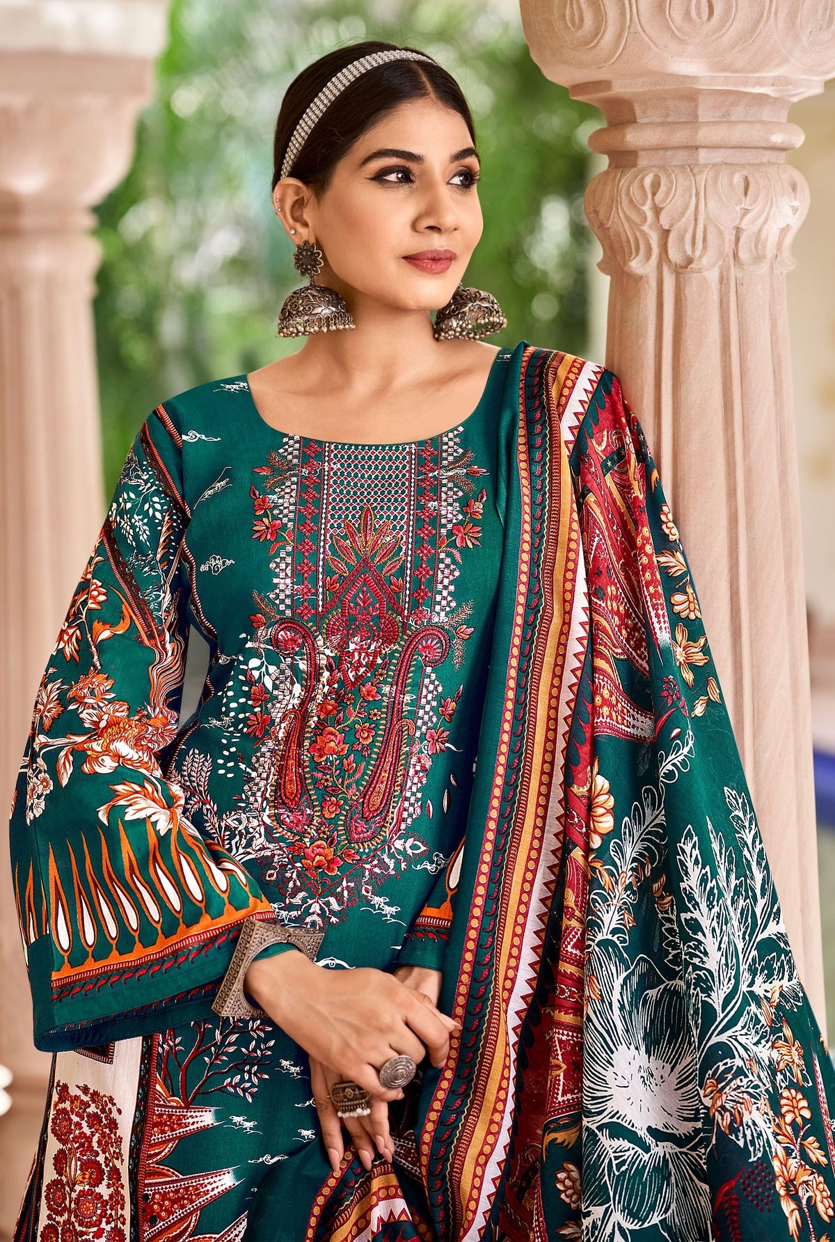 DRAVINAM Trends Lawn Cotton Pakistani Embroidered Suit Dress Material with Unstitched Bottoms and Cotton Dupatta