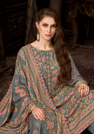 DRAVINAM Trends Women's Winter Wear Unstitched Discharge Print Hand Work Neck Embroidered Woollen Viscose Pashmina Salwar Suit Dress Material with Pashmina Printed Shawl Dupatta