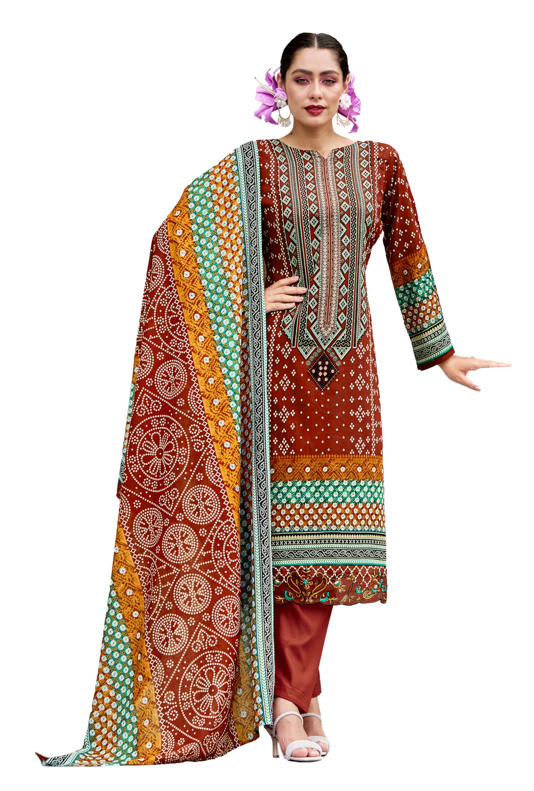 DRAVINAM Trends Unstitched Suit Material – Pure Cotton Digital Prints Daman Organza Embroidery Kameez, Cotton Bottoms and Dupatta