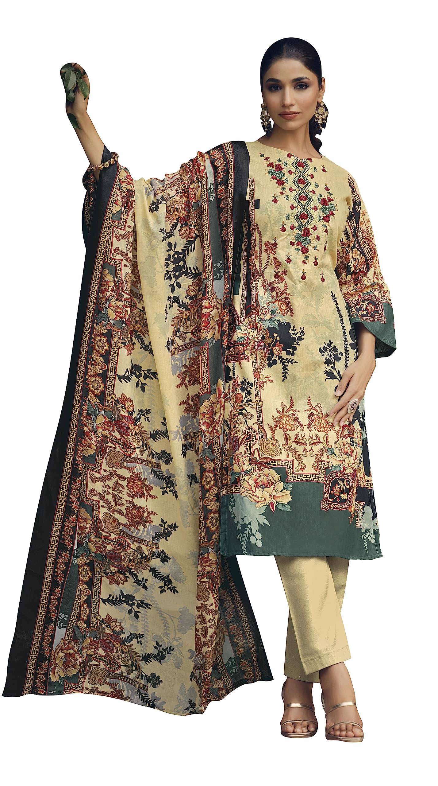 DRAVINAM Trends Women's Pakistani Embroidered Printed Unstitched Pure Cotton Salwar Suit Dress Materials with Printed Cotton Dupatta (Cream)