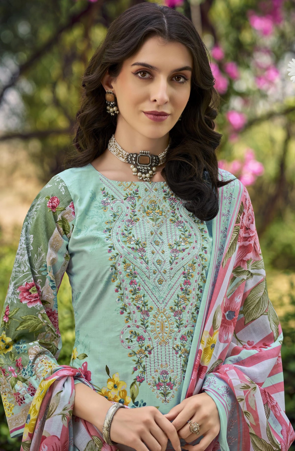 DRAVINAM Trends Women's Pure Cotton Digital Printed Suit with Exclusive Heavy Self-Embroidery Neck & Organza Daman Embroidery | Mal Mal Cotton Printed Dupatta & Bottom – Ready to Wear (OLIVE, XXL)