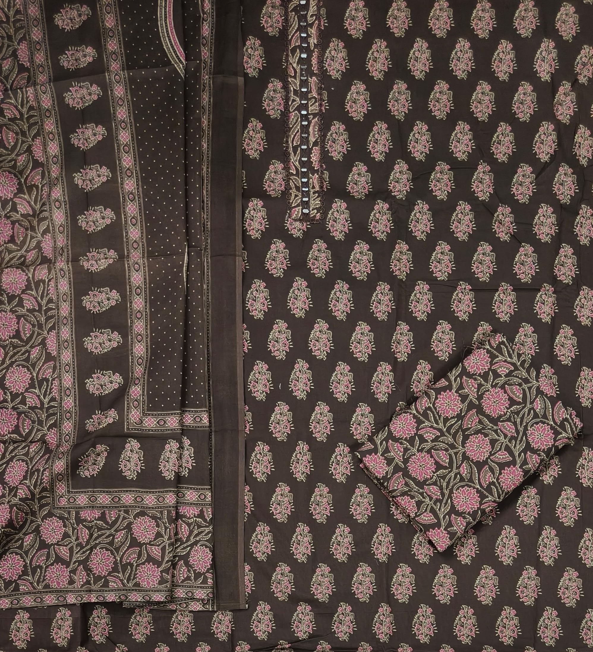 DRAVINAM Trends Women's Pure Cotton Geometric Handblock Printed Unstitched Salwar Suit Dress Material with Mirror Work Neck & Mulmul Dupatta (Black)