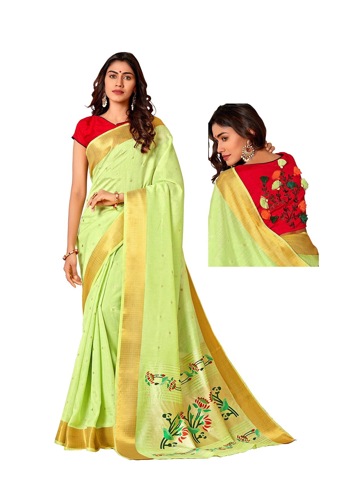 DRAVINAM Trends Women's Woven Soft Cotton Light Green Zari Border and Buti Saree with Embroidered Blouse Piece for Women