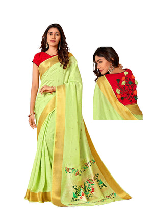 DRAVINAM Trends Women's Woven Soft Cotton Light Green Zari Border and Buti Saree with Embroidered Blouse Piece for Women