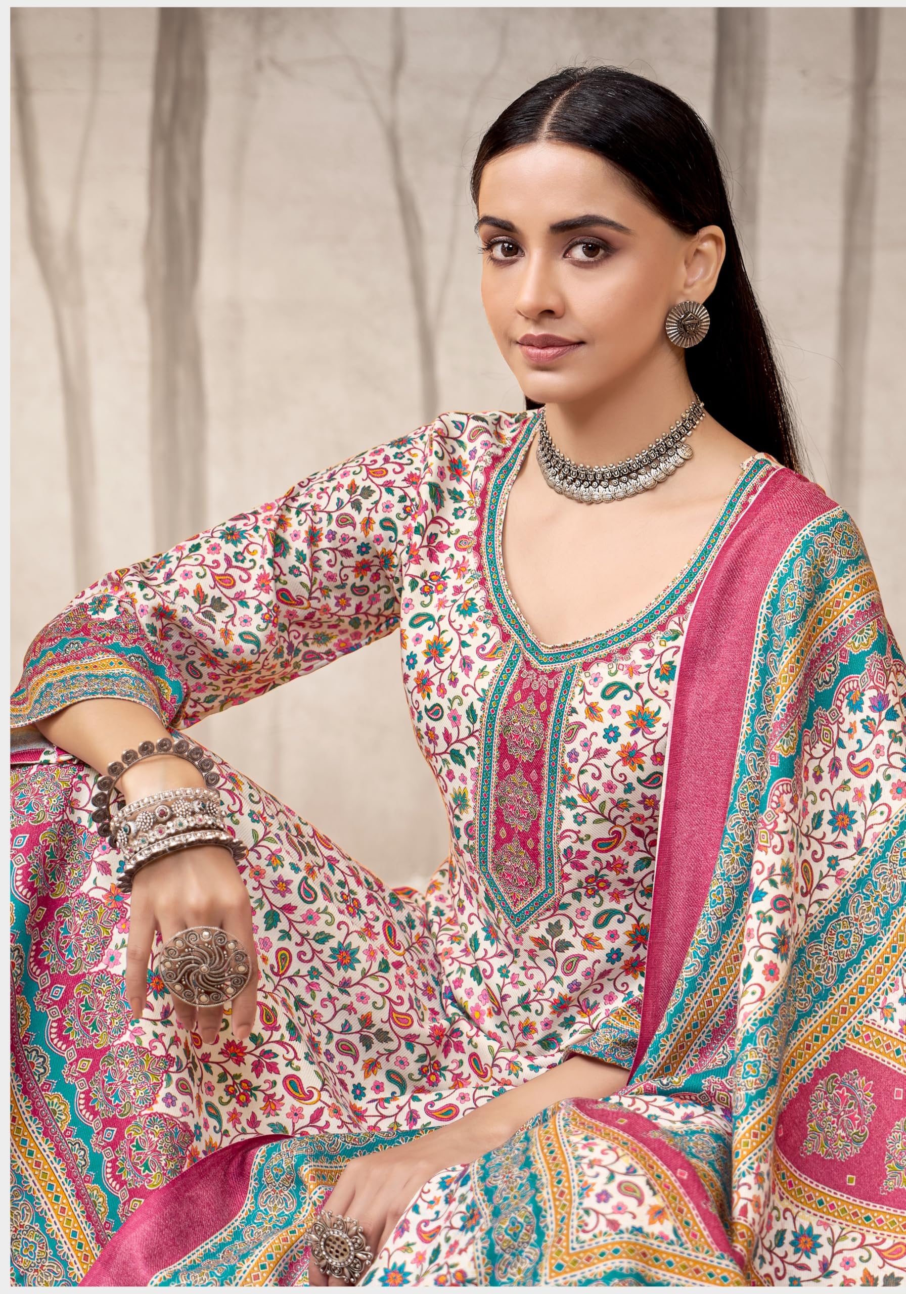 DRAVINAM Trends Women's Winter Wear Pure Viscose Woolen Pashmina Digital Kani Printed Swaroski Work Unstitch Salwar Suit Dress Material with Pure Digital Viscose Pashmina Woolen Warm Shawl Dupatta
