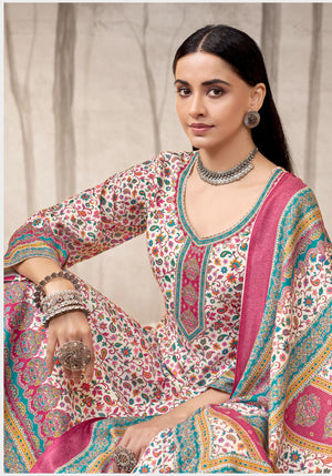 DRAVINAM Trends Women's Winter Wear Pure Viscose Woolen Pashmina Digital Kani Printed Swaroski Work Unstitch Salwar Suit Dress Material with Pure Digital Viscose Pashmina Woolen Warm Shawl Dupatta