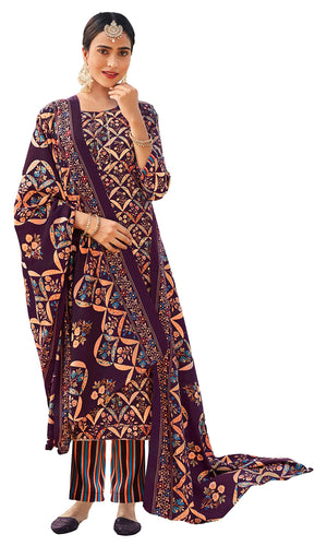 DRAVINAM Trends Women's Unstitched Kashmiri Print Woollen Pashmina Salwar Suit Dress Material with Pashmina Printed Shawl Dupatta (Free Size) (Brown)
