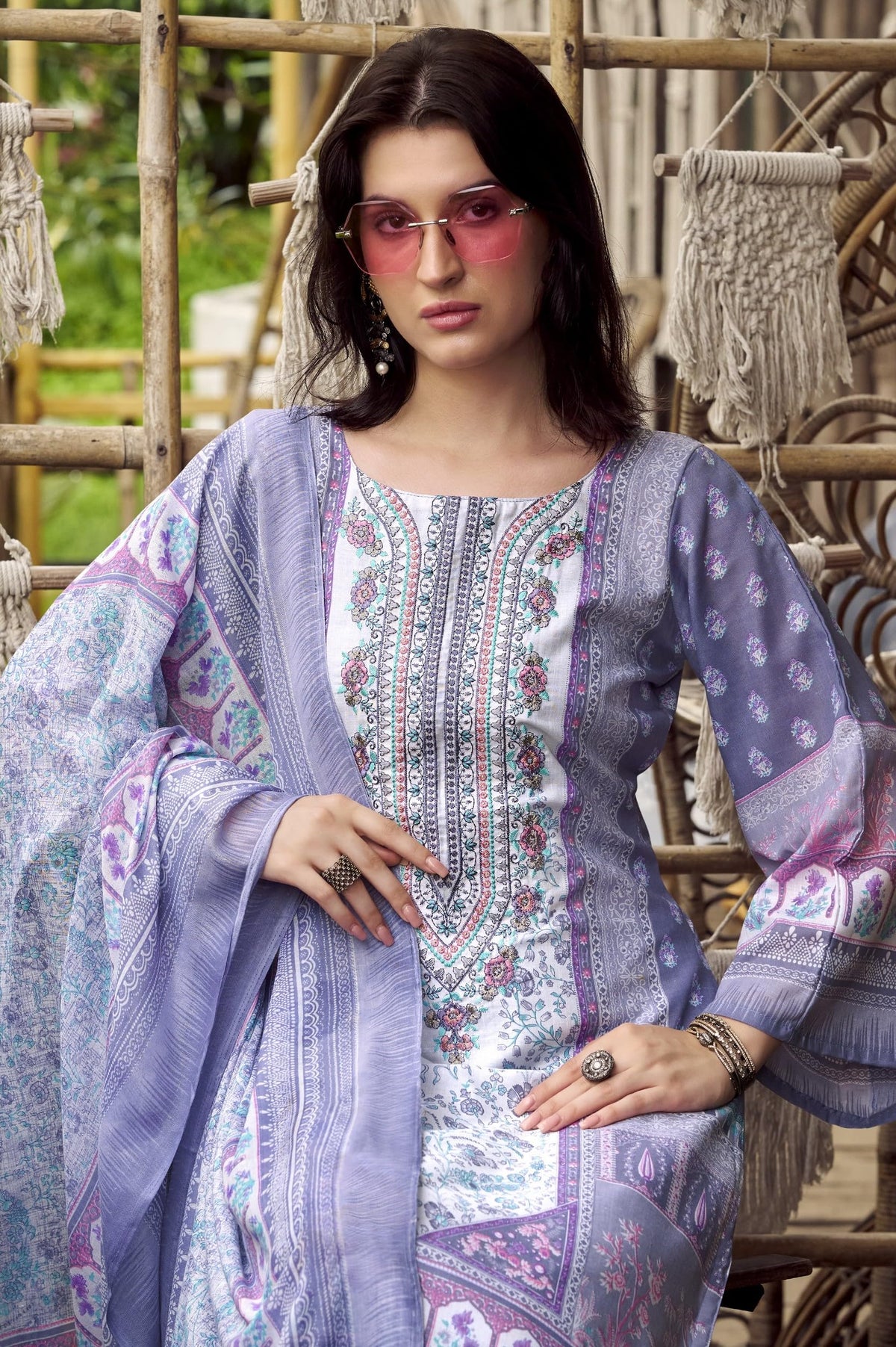 DRAVINAM Trends Women's Unstitched Cotton Suit Dress Material - Printed Embroidered Top II Plain Bottoms II Print Dupatta