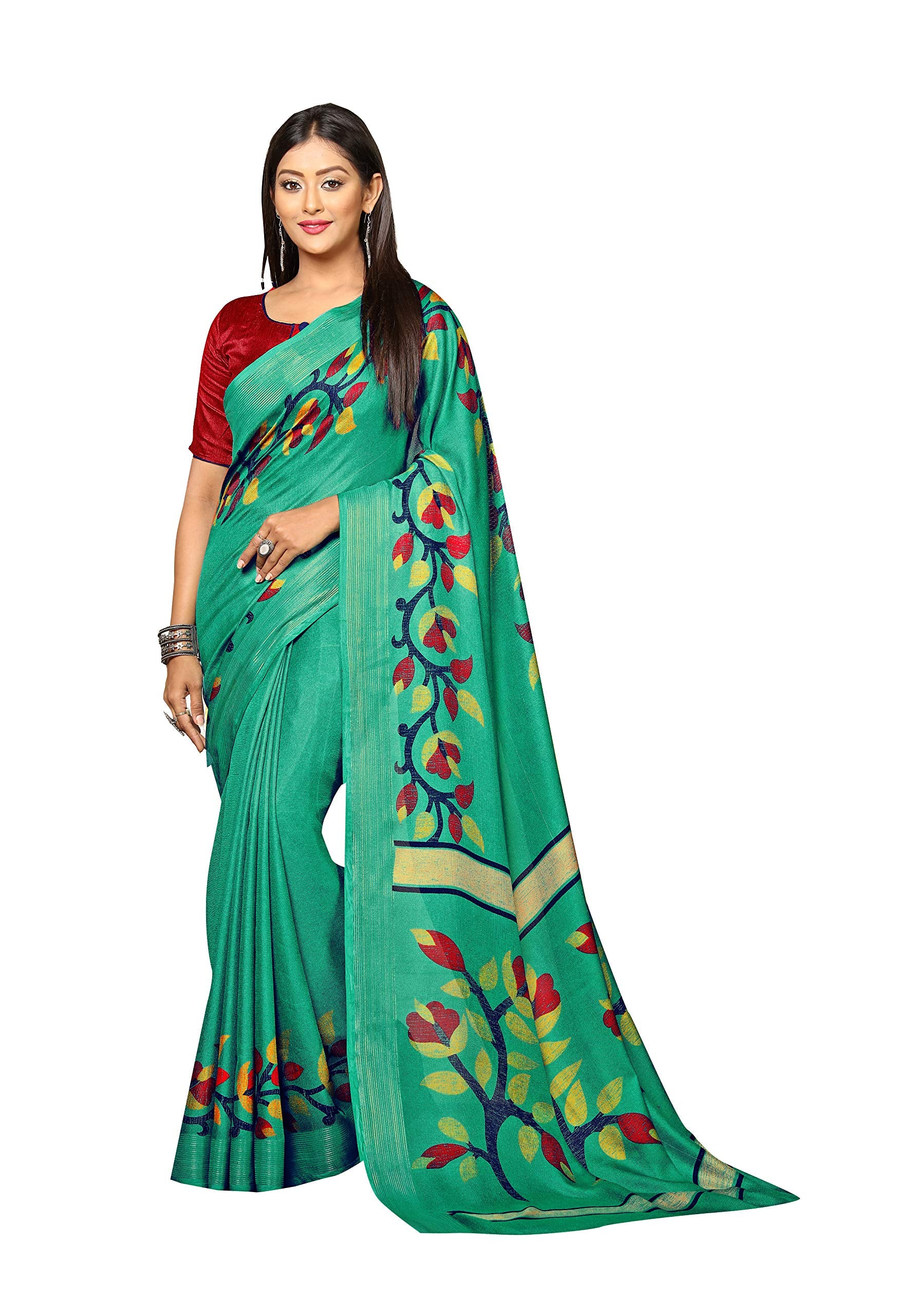 DRAVINAM Trends Women's Khadi Linen Saree With Un-stitched Blouse (SareePe_1_Green & Red)