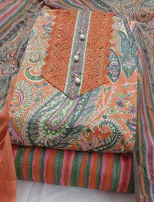 DRAVINAM Trends Women's Cambric Cotton Dress Material | Unstitch Kalamkari Printed Suit Set with Cotton Dupatta