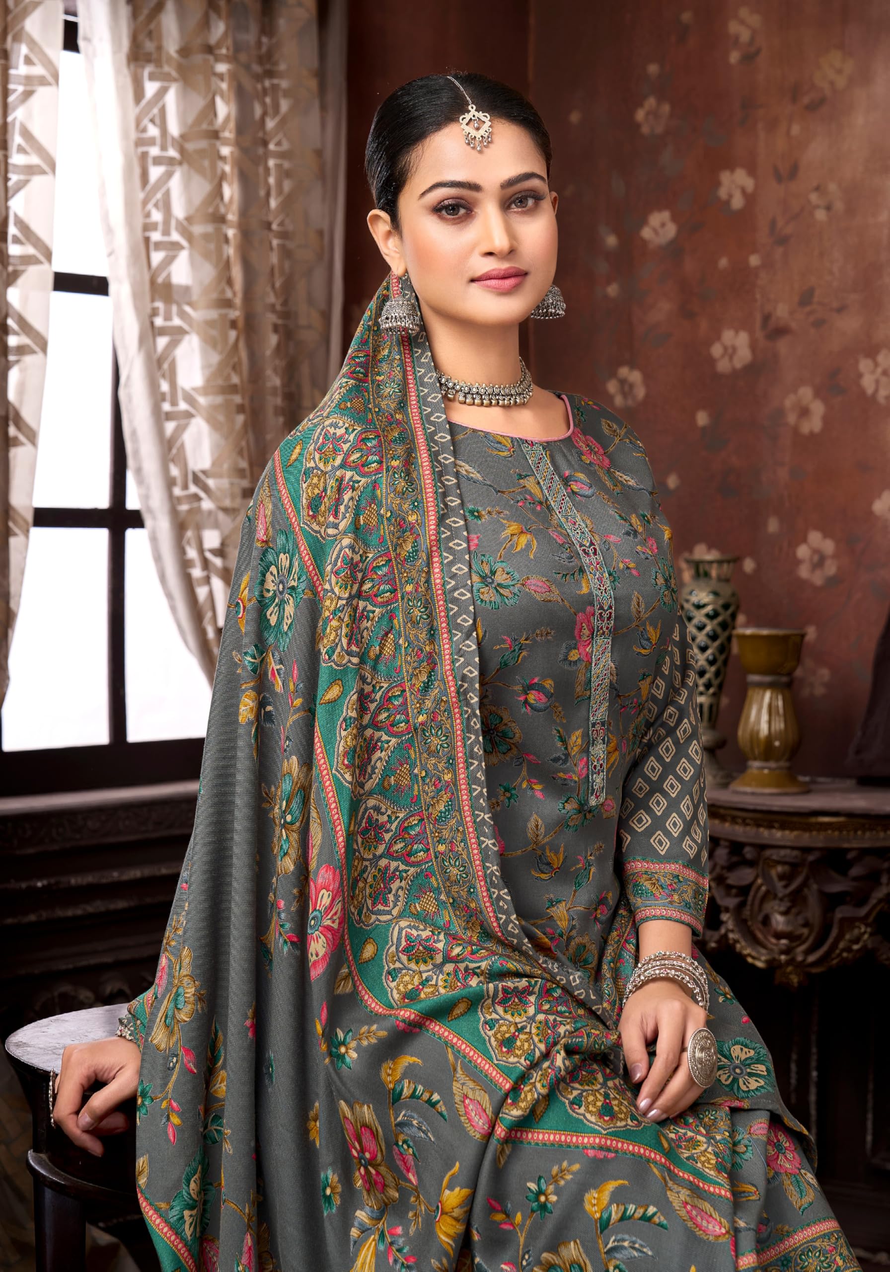 DRAVINAM Trends Women's Winter Wear Unstitched Discharge Print Embroidered Woollen Viscose Pashmina Salwar Suit Dress Material with Pashmina Printed Shawl Dupatta