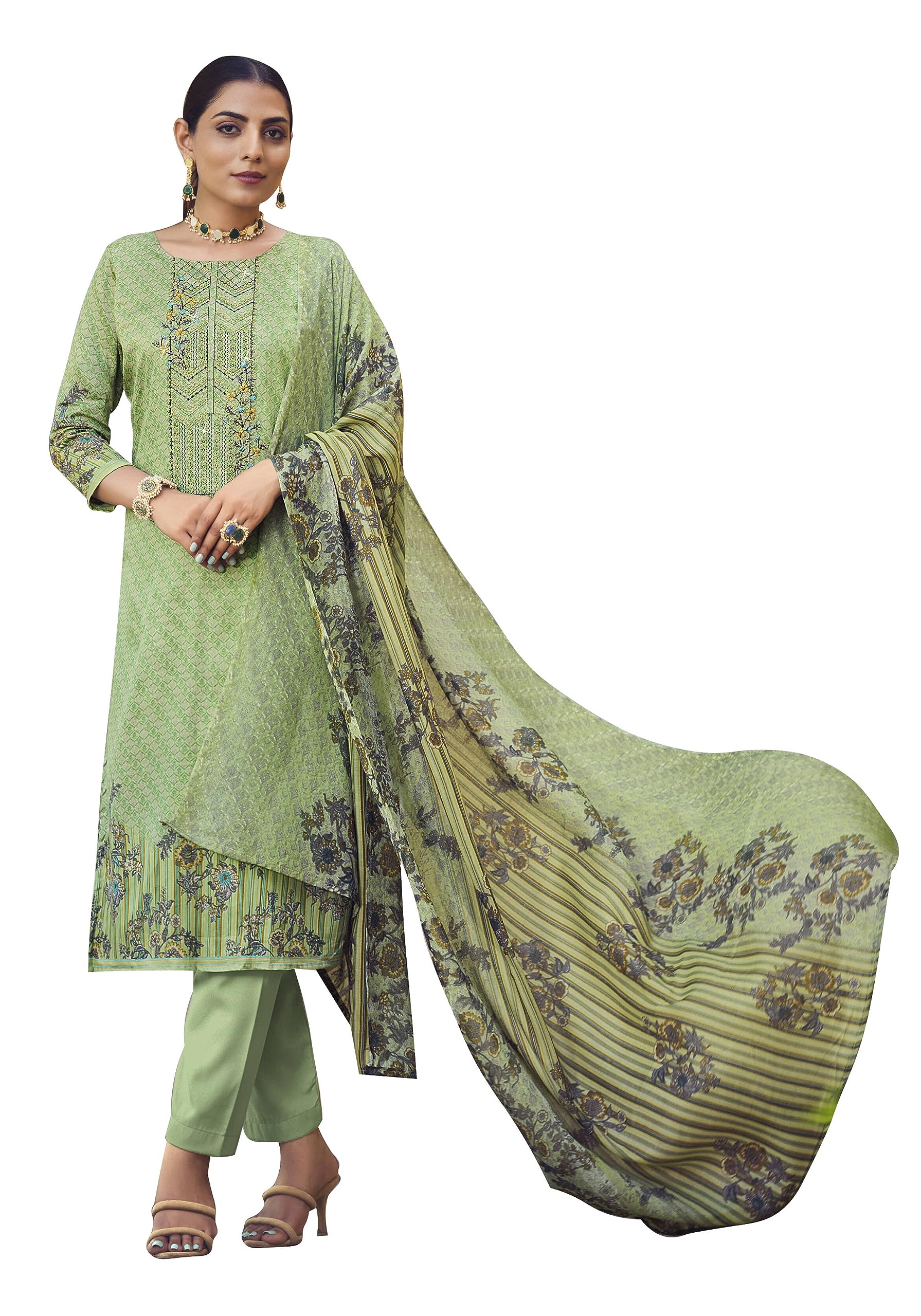 DRAVINAM Trends Women Unstitched Pakistani Print Embroidered Cotton Salwar Suit Dress Materials With Cotton Dupatta