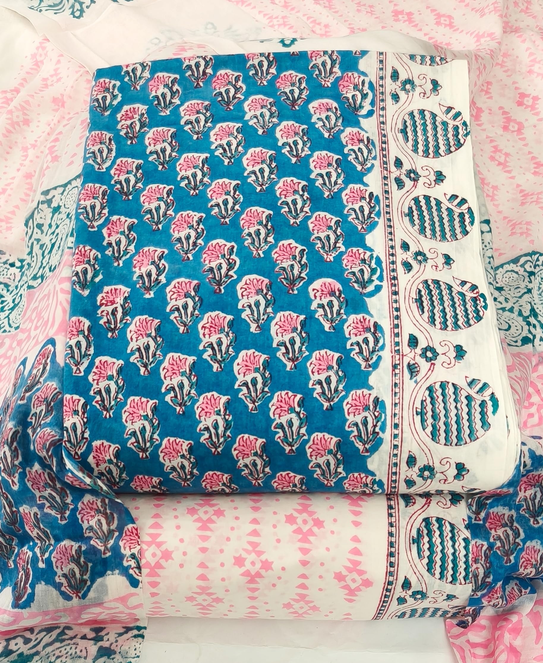 DRAVINAM Trends Hand Block Print Jaipuri Cambric Unstitched Cotton Suit Dress Material for Women with Mulmul Cotton Hand Printed Dupatta