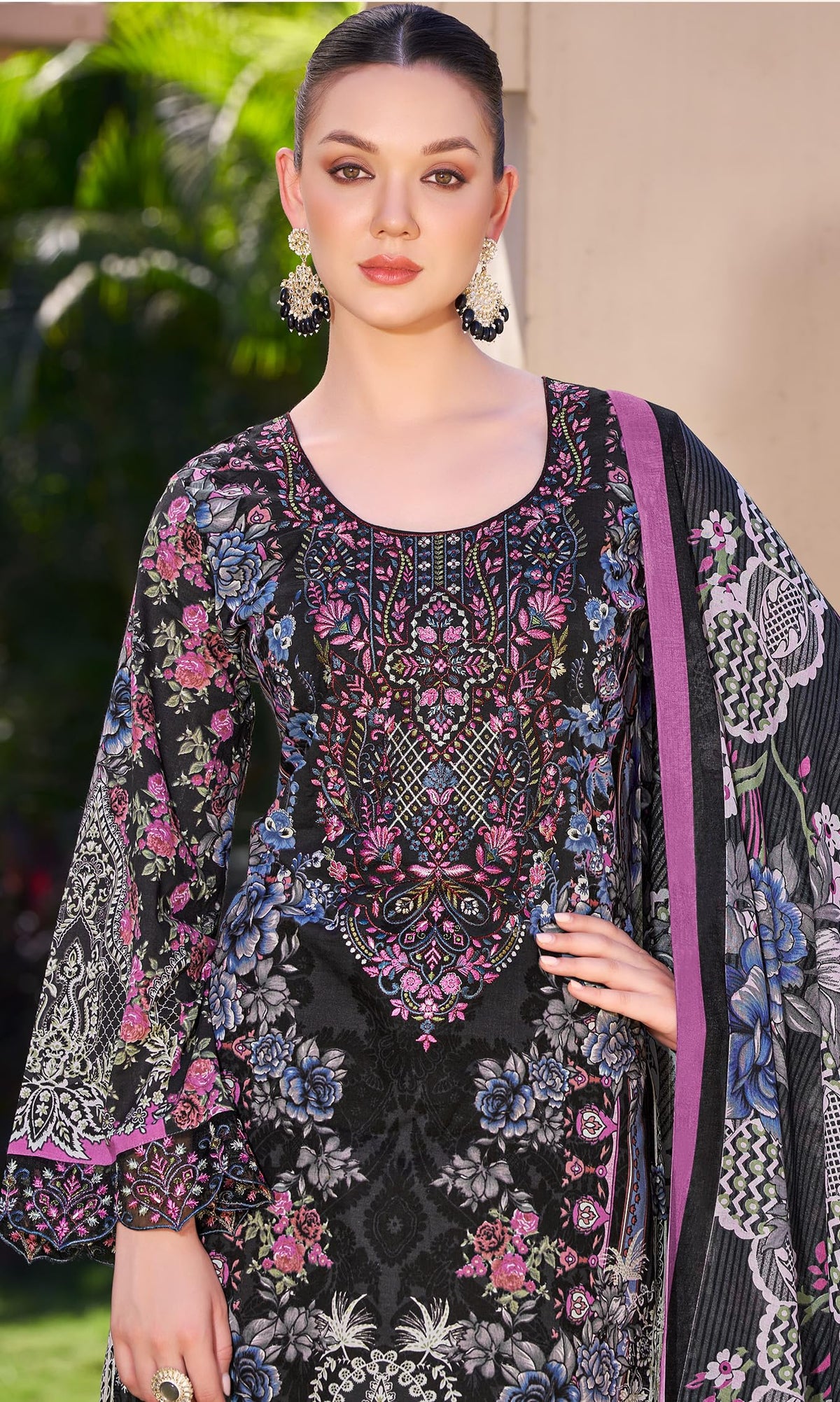 DRAVINAM Trends Women's Unstitched Salwar Suit Dress Material - Pure Cambric Cotton Pakistani Print Embroidered Kameez II Pure Cotton Bottoms II Pure Cotton Dupatta