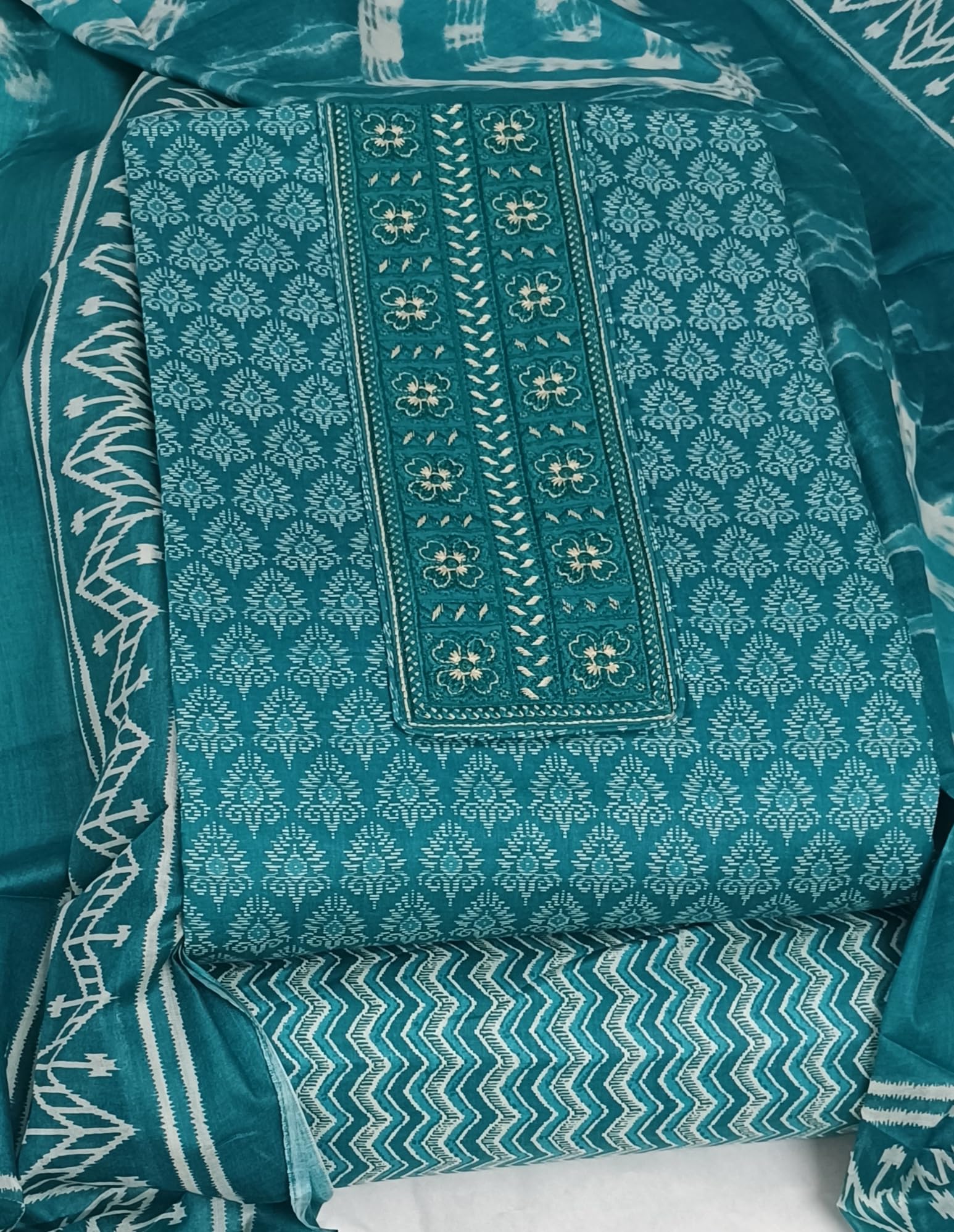 DRAVINAM Trends Women's Premium Cotton Jaipuri Printed Embroidered and Hand Work Unstitched Salwar Suit Dress Material with Mulmul Cotton Dupatta