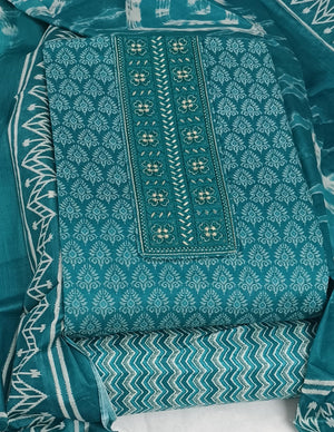 DRAVINAM Trends Women's Premium Cotton Jaipuri Printed Embroidered and Hand Work Unstitched Salwar Suit Dress Material with Mulmul Cotton Dupatta