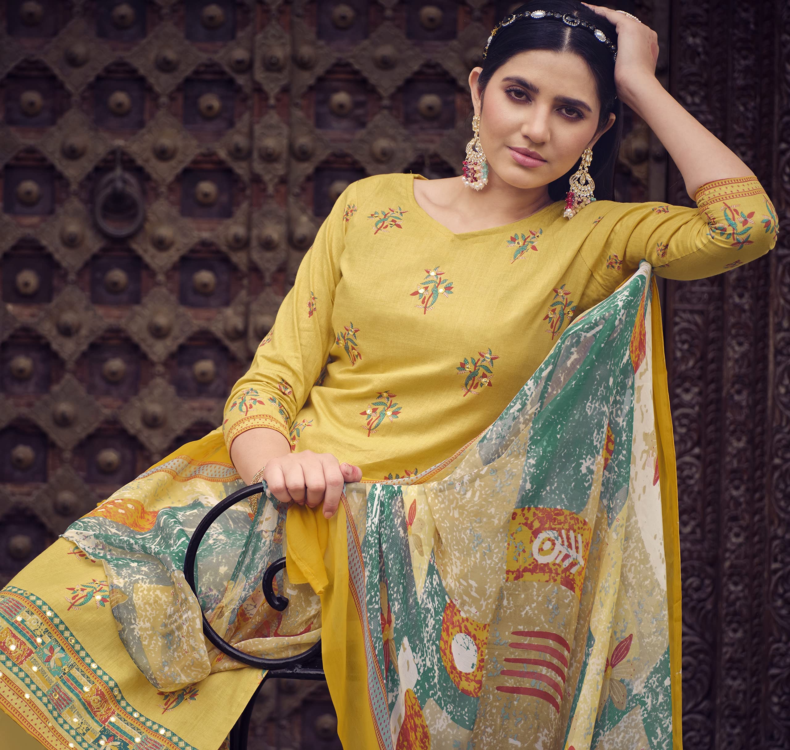 DRAVINAM Trends Unstitched Printed Mirror Work Cotton Salwar Suits Dress Material with Chiffon Dupatta (Green)