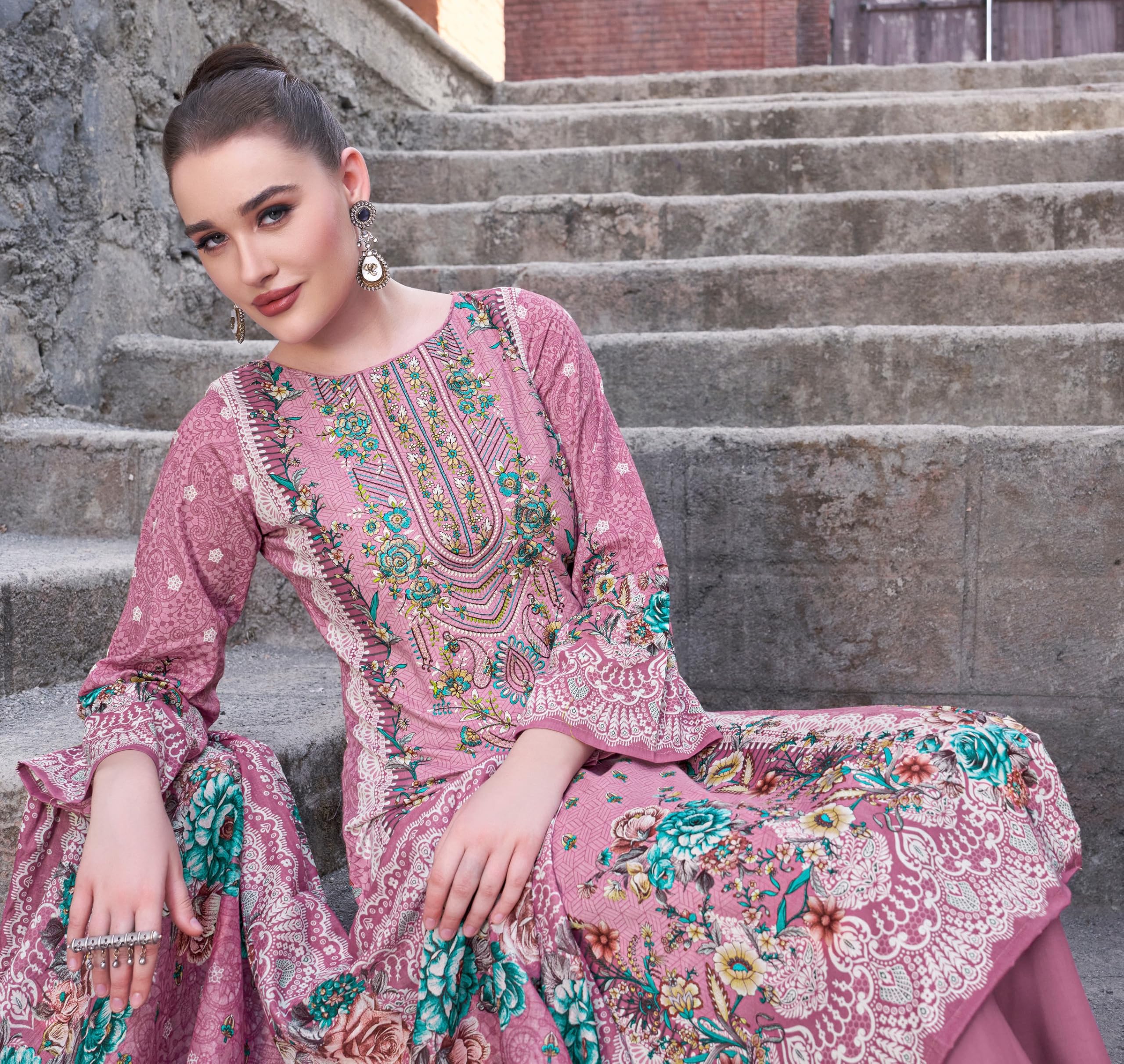 DRAVINAM Trends Unstitched Pakistani Embroidered Pure Cambric Cotton Salwar Suit Dress Materials with Cotton Dupatta