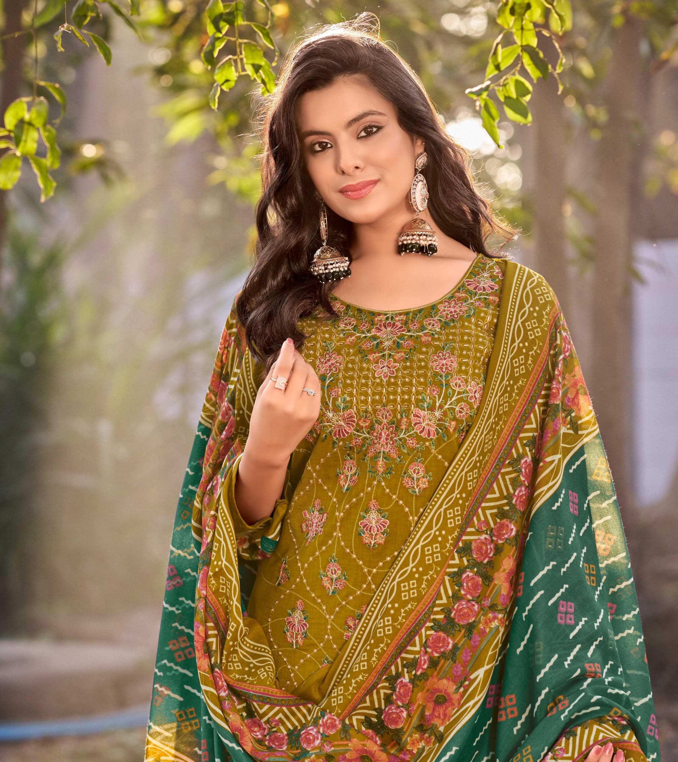 DRAVINAM Trends Women's Pure Lawn Cotton Pakistani Embroidered Suit Dress Material with Unstitched Bottoms and Cotton Dupatta