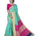DRAVINAM Trends Women's Foil Printed Thin Cotton saree with Golden Border and Tassels and Blouse Piece (Sea Green and Magenta)