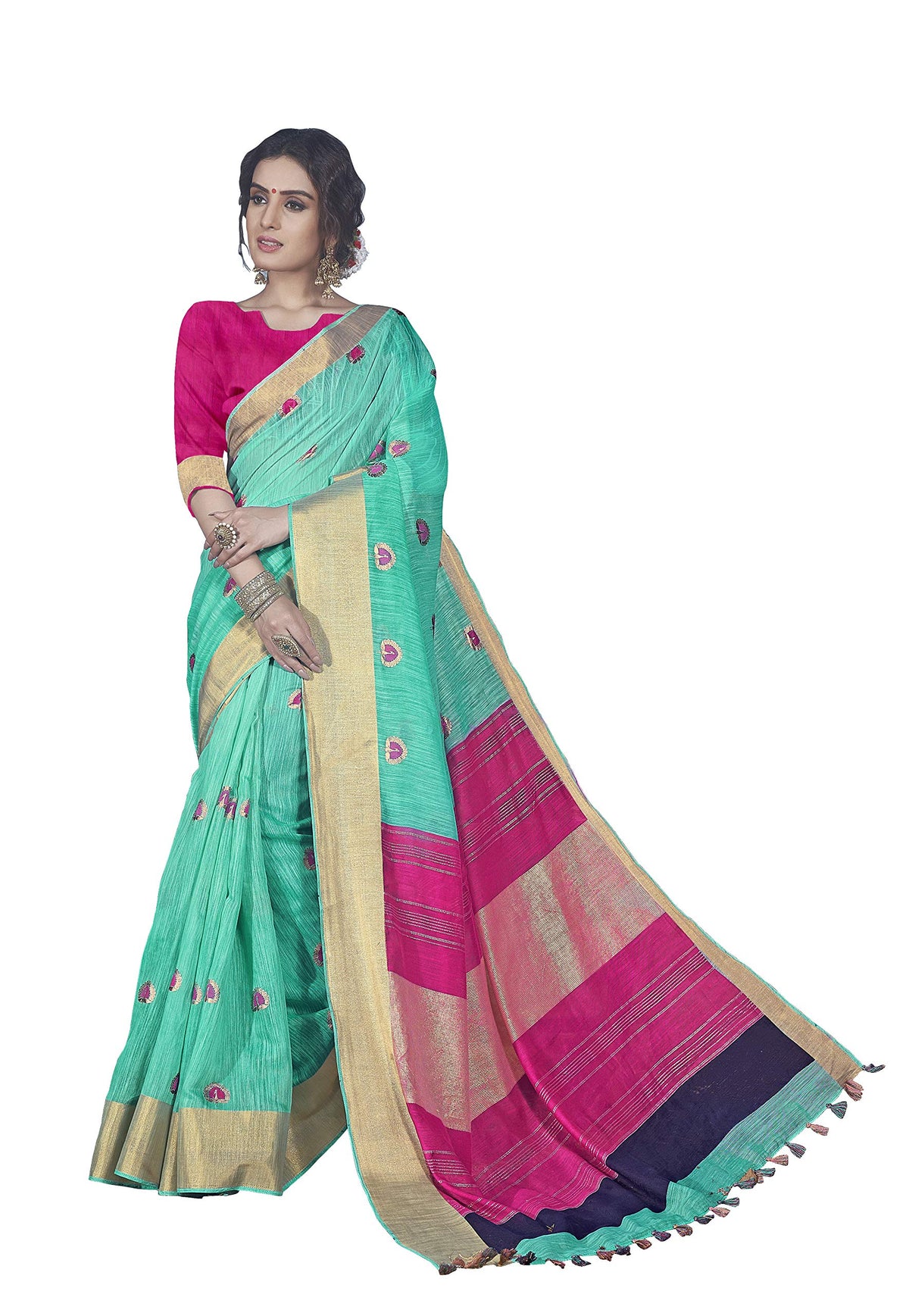 DRAVINAM Trends Women's Foil Printed Thin Cotton saree with Golden Border and Tassels and Blouse Piece (Sea Green and Magenta)