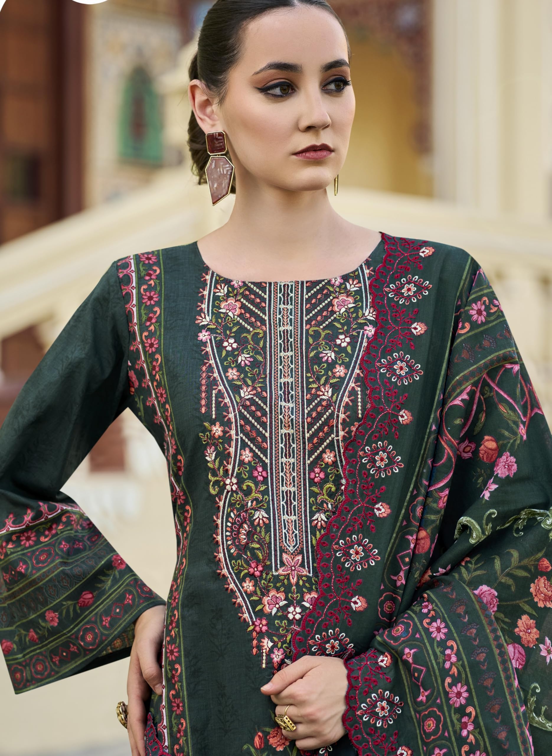 DRAVINAM Trends Women's Unstitched Pakistani Digital Print Embroidered Pure Cotton Salwar Suit Dress Materials with Cotton Embroidered Cutwork Dupatta