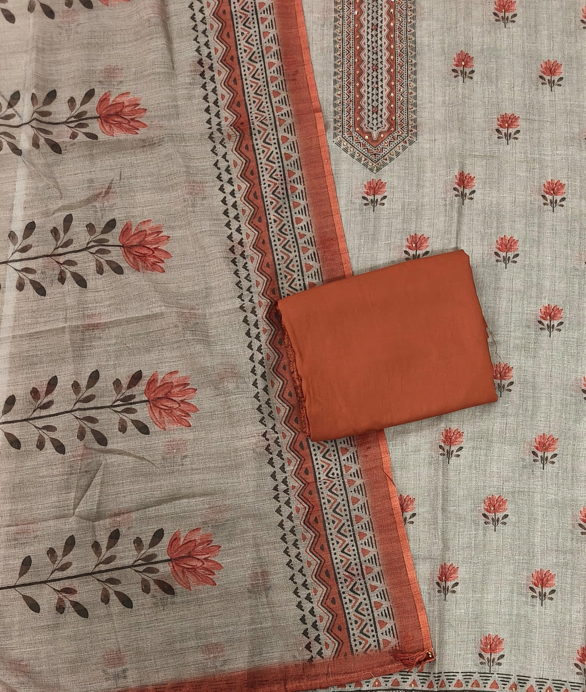 DRAVINAM Trends Women's Linen Cross-Stitch Floral Print Unstitched Salwar Suit Dress Material with Malai Cotton Bottom & Linen Dupatta
