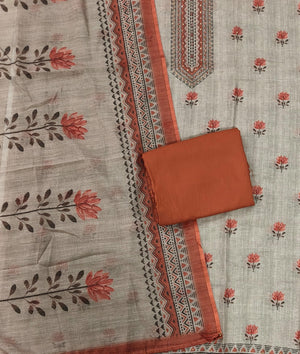 DRAVINAM Trends Women's Linen Cross-Stitch Floral Print Unstitched Salwar Suit Dress Material with Malai Cotton Bottom & Linen Dupatta