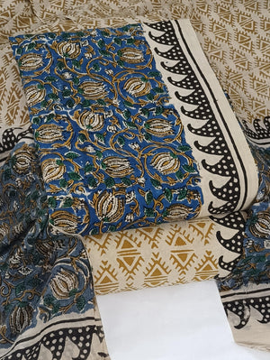 DRAVINAM Trends Women's Jaipuri Pure Cotton Handmade Floral Block Bagh Print Unstitched Dress Material Set with Dupatta (Top, Bottom, and Dupatta Fabric)