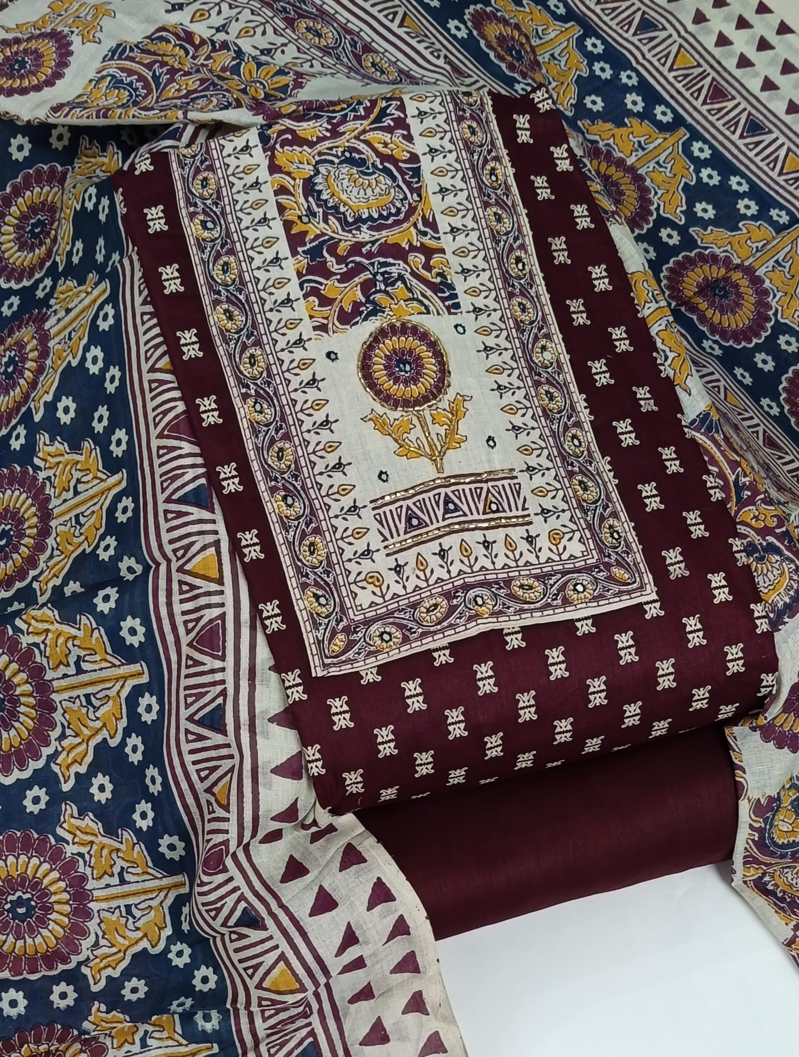 DRAVINAM Trends Women's Cambric Cotton Dress Material | Unstitch Kalamkari Printed Suit Set with Cotton Dupatta