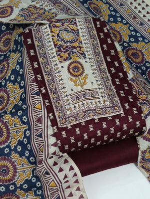 DRAVINAM Trends Women's Cambric Cotton Dress Material | Unstitch Kalamkari Printed Suit Set with Cotton Dupatta