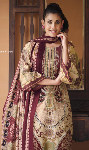 DRAVINAM Trends Unstitched Pakistani Print Embroidered Cotton Salwar Suit Dress Materials with Cotton Printed Dupatta (Beige)