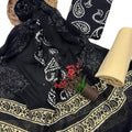 Unstitched Black and Beige Hand Block Printed Cotton Salwar Kameez Suit Set with Pure Chiffon Hand Printed Dupatta