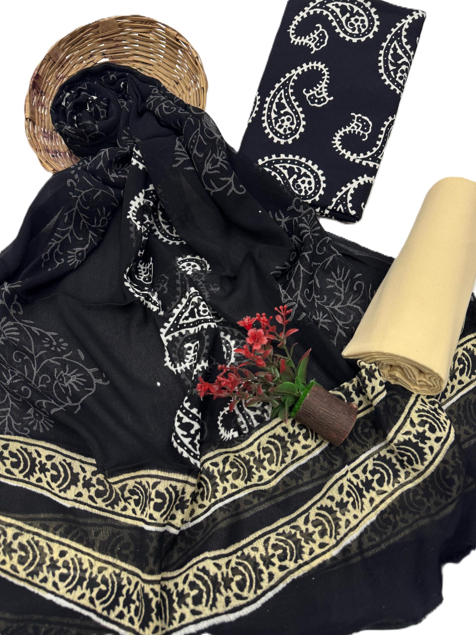DRAVINAM Trends Hand Block Print Cambric Cotton Unstitched Salwar Suit Set for Women with Pure Chiffon Hand Printed Dupatta