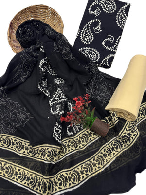 DRAVINAM Trends Hand Block Print Cambric Cotton Unstitched Salwar Suit Set for Women with Pure Chiffon Hand Printed Dupatta