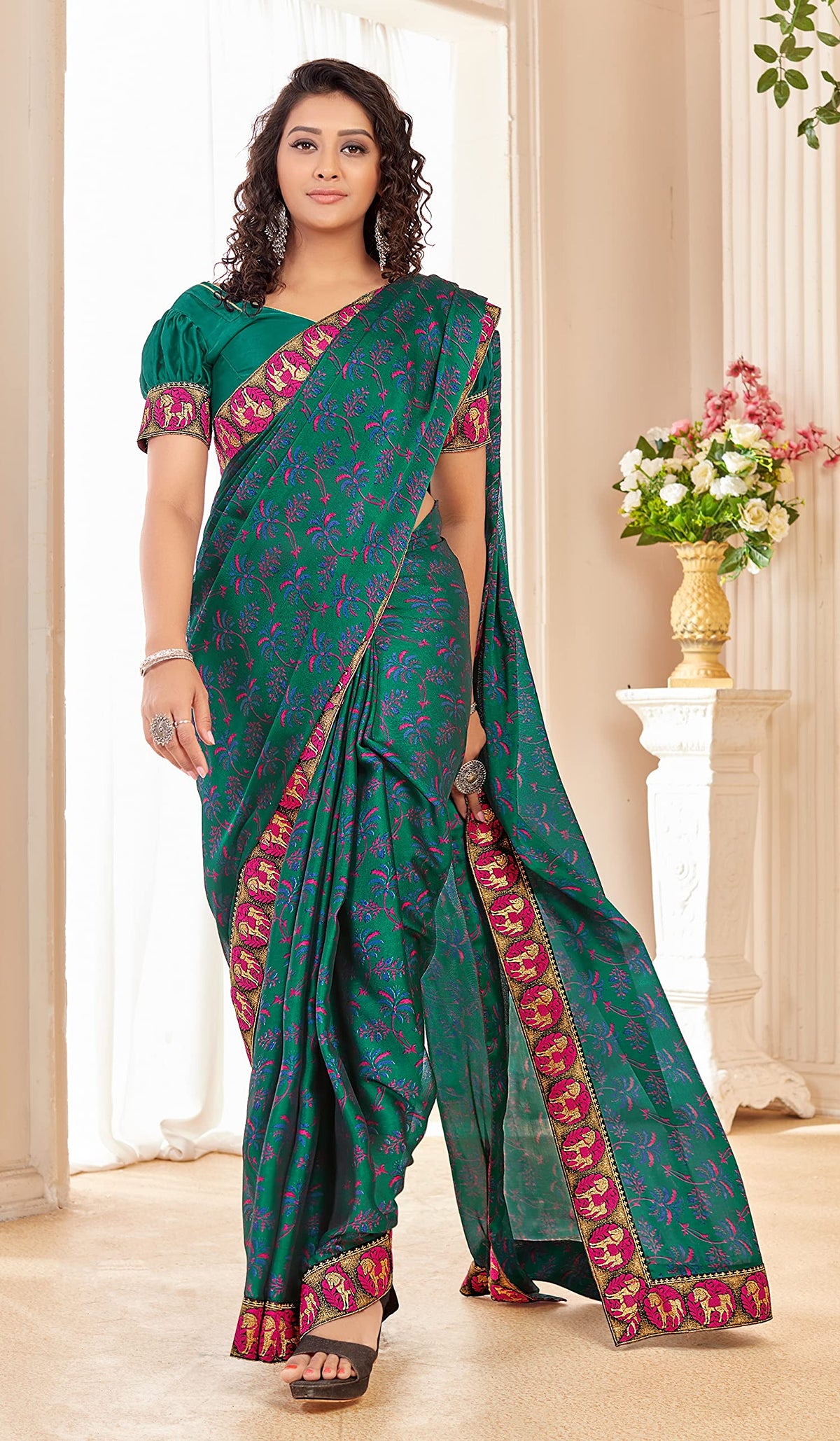 DRAVINAM Trends Women's Pure bright georgette Bandhani Print saree with Lace Borders and Solid Blouse Piece (Blue)
