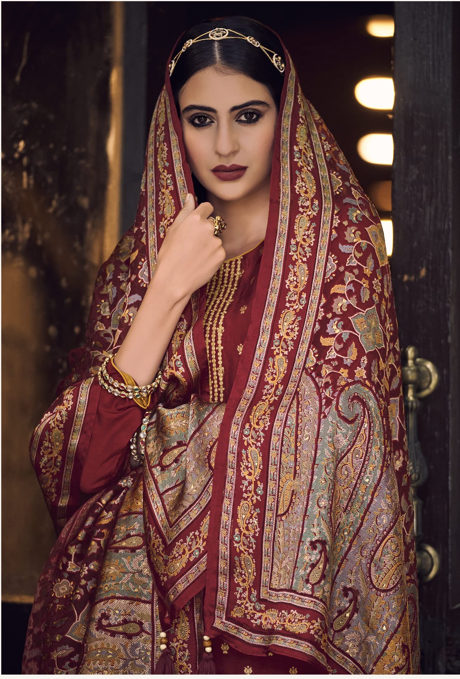 DRAVINAM Trends Women's Pure Dolla Jacquard Banarasi Silk Unstitched Heavy Pakistani Salwar Suit Dress Material with Pure Organza Digital Printed Brasso dupatta (Maroon)
