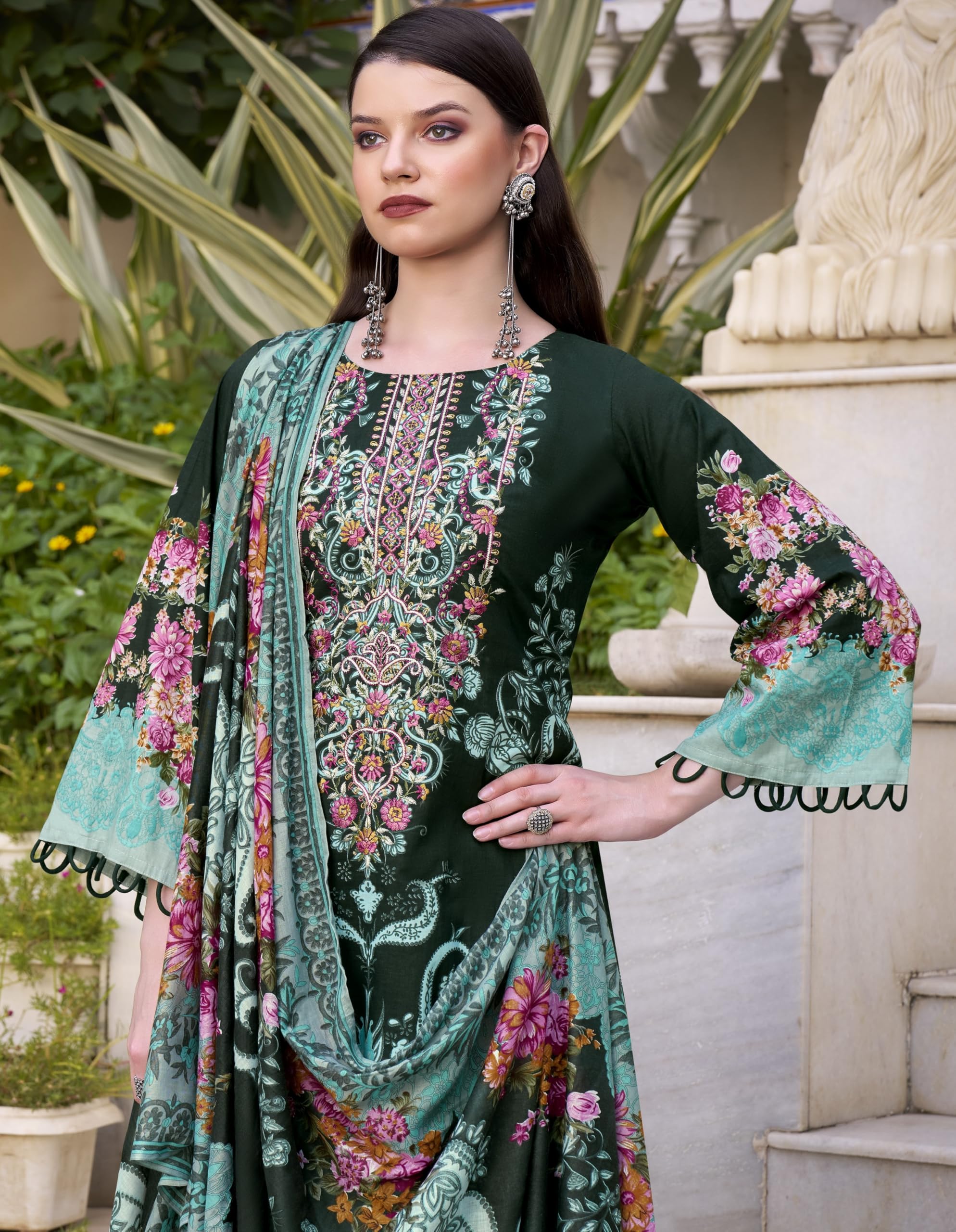 DRAVINAM Trends Women's Unstitched Cotton Suit Dress Material -Embroidered Digital Print Top II Plain Bottoms II Digital Print Dupatta