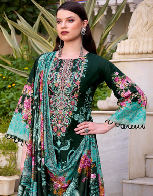 DRAVINAM Trends Women's Unstitched Cotton Suit Dress Material -Embroidered Digital Print Top II Plain Bottoms II Digital Print Dupatta