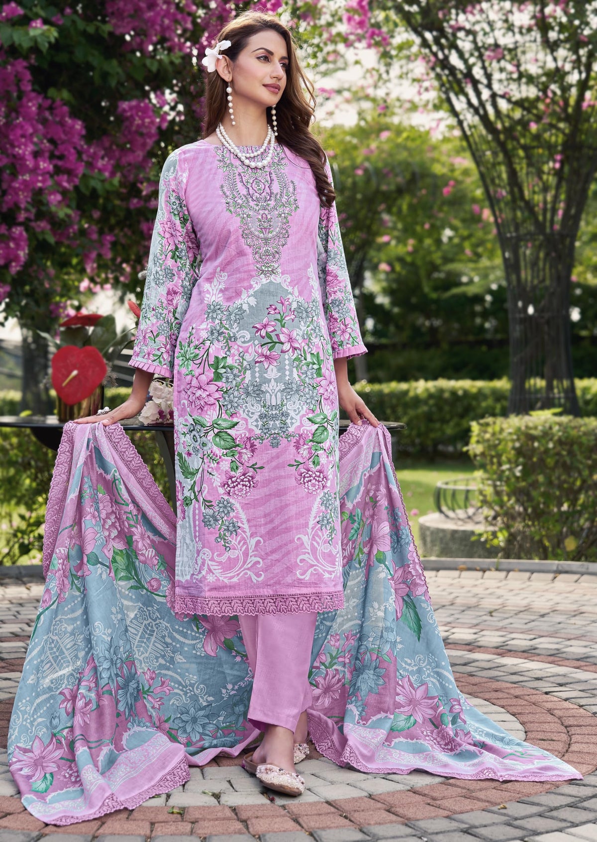 DRAVINAM Trends Pure Cambric Cotton Pakistani Embroidered Suit Dress Material with Unstitched Bottoms and Cotton Dupatta