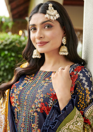 DRAVINAM Trends Unstitched Suit Material Karachi Lawn Cotton Pakistani Digital Printed Embroidered Kameez with Unstitched Bottoms and Cotton Dupatta