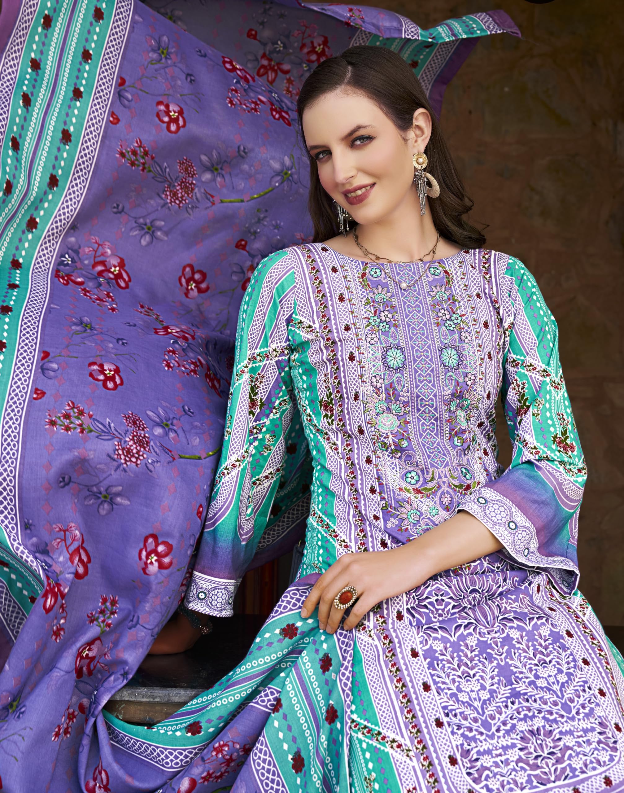 DRAVINAM Trends Unstitched Pakistani Embroidered Pure Cotton Salwar Suit Dress Materials with Cotton Dupatta