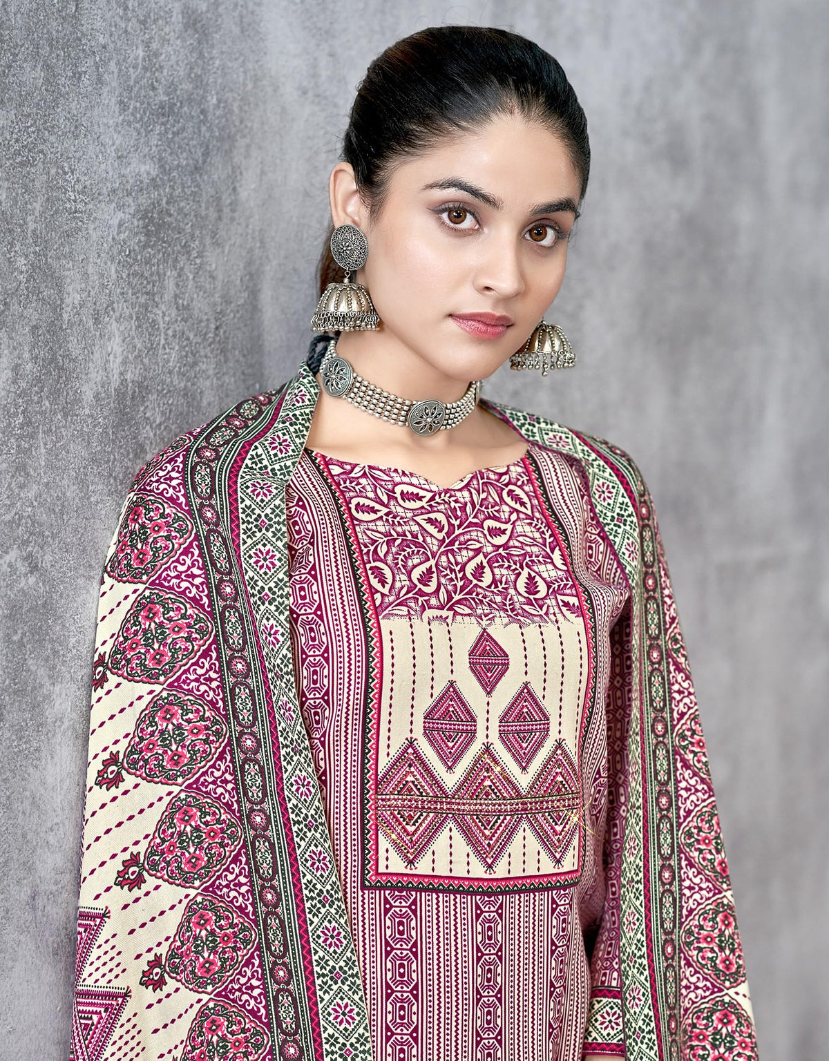 DRAVINAM Trends Pashmina Spun Digital Style Printed Unstitched Salwar Suit for Women with Siroski Work and Twill Printed Shawl Dupatta