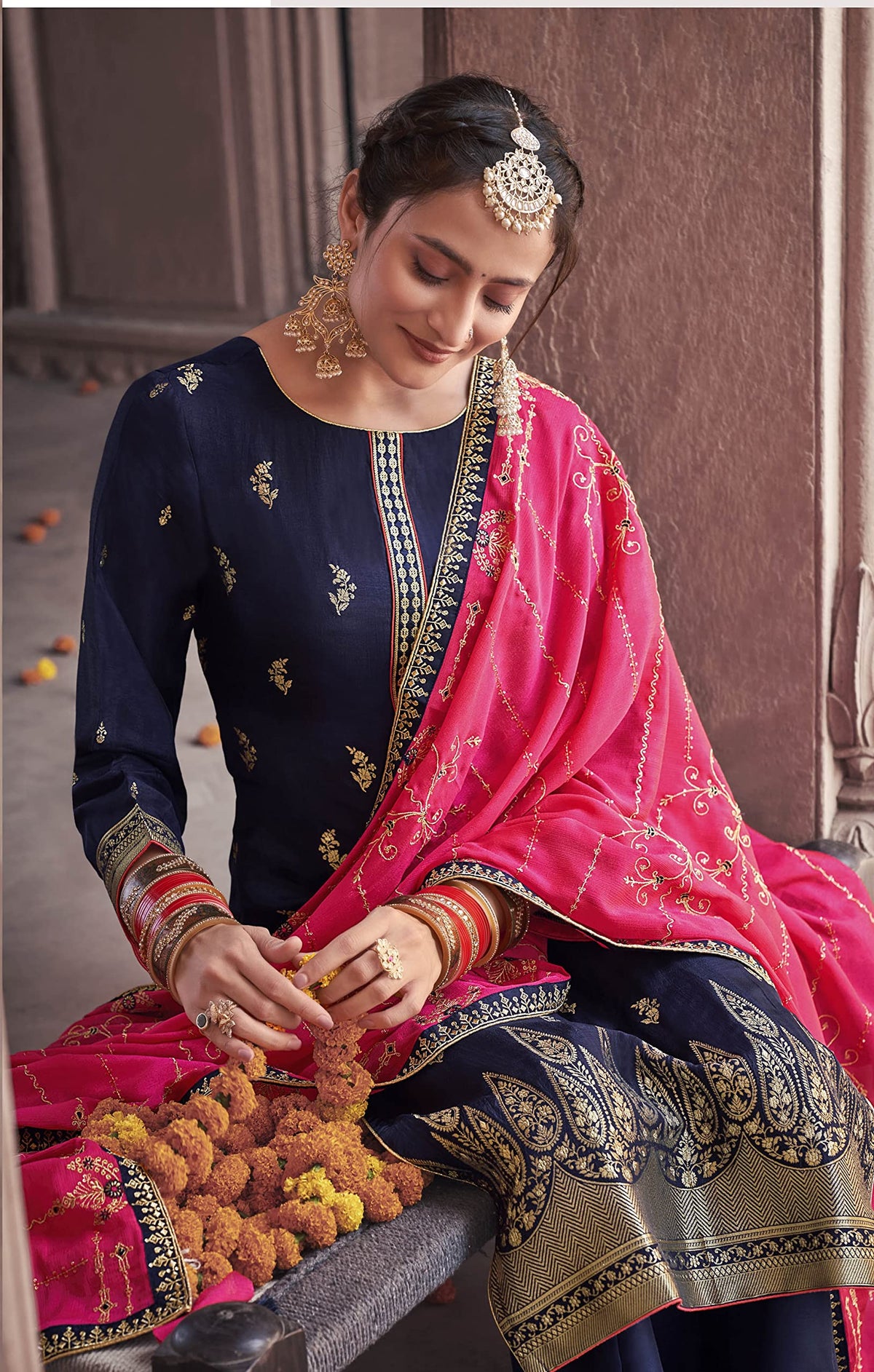 DRAVINAM Trends Women's Pure Banarasi Silk Jacquard Sequence embroidered Unstitched Salwar Suit Dress material with Chinon Silk Sequence and Embroidered Heavy Dupatta (Free size_Blue)