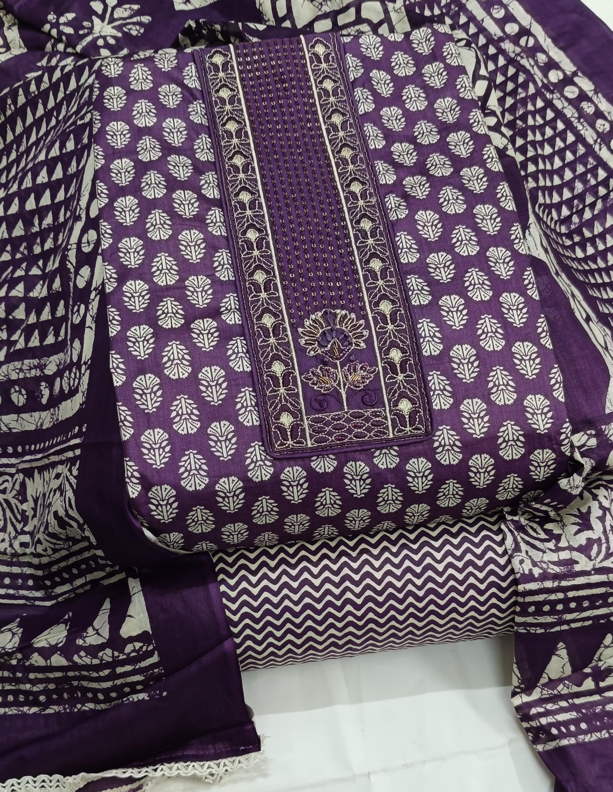 DRAVINAM Trends Women's Printed Embroidered and Hand Work Premium Cotton Jaipuri Unstitched Salwar Suit Dress Material with Mulmul Cotton Dupatta
